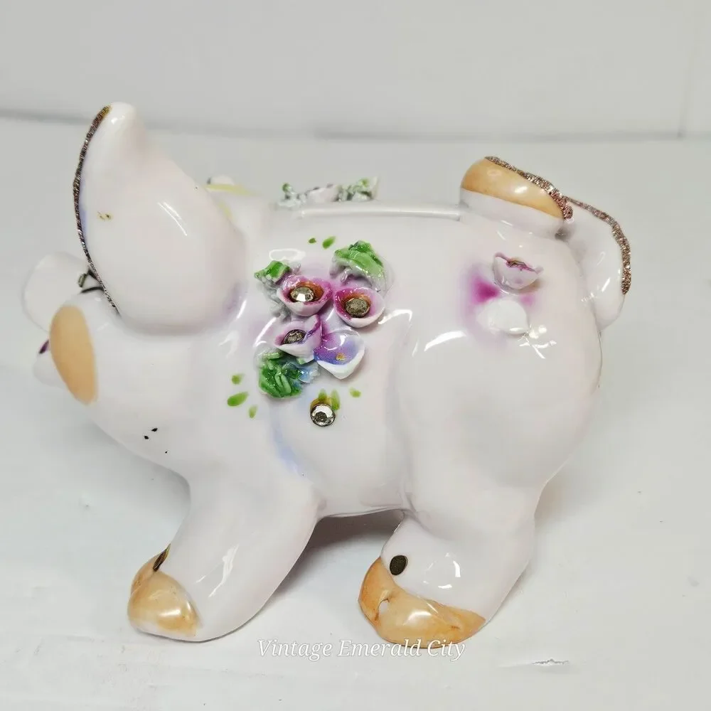 Vtg Lefton Piggy Bank Hand Painted Applied Flowers Rhinestones Vintage 1950 READ
